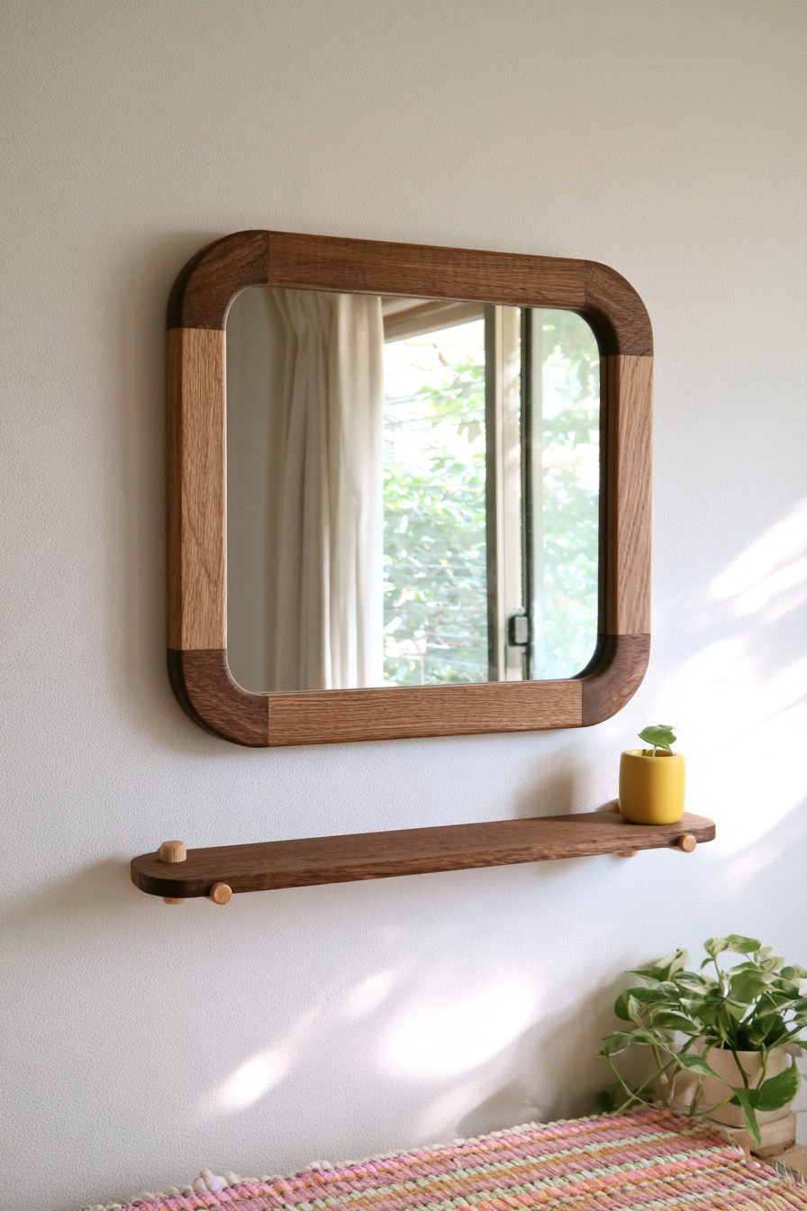 Rounded wood framed mirror with matching floating shelf