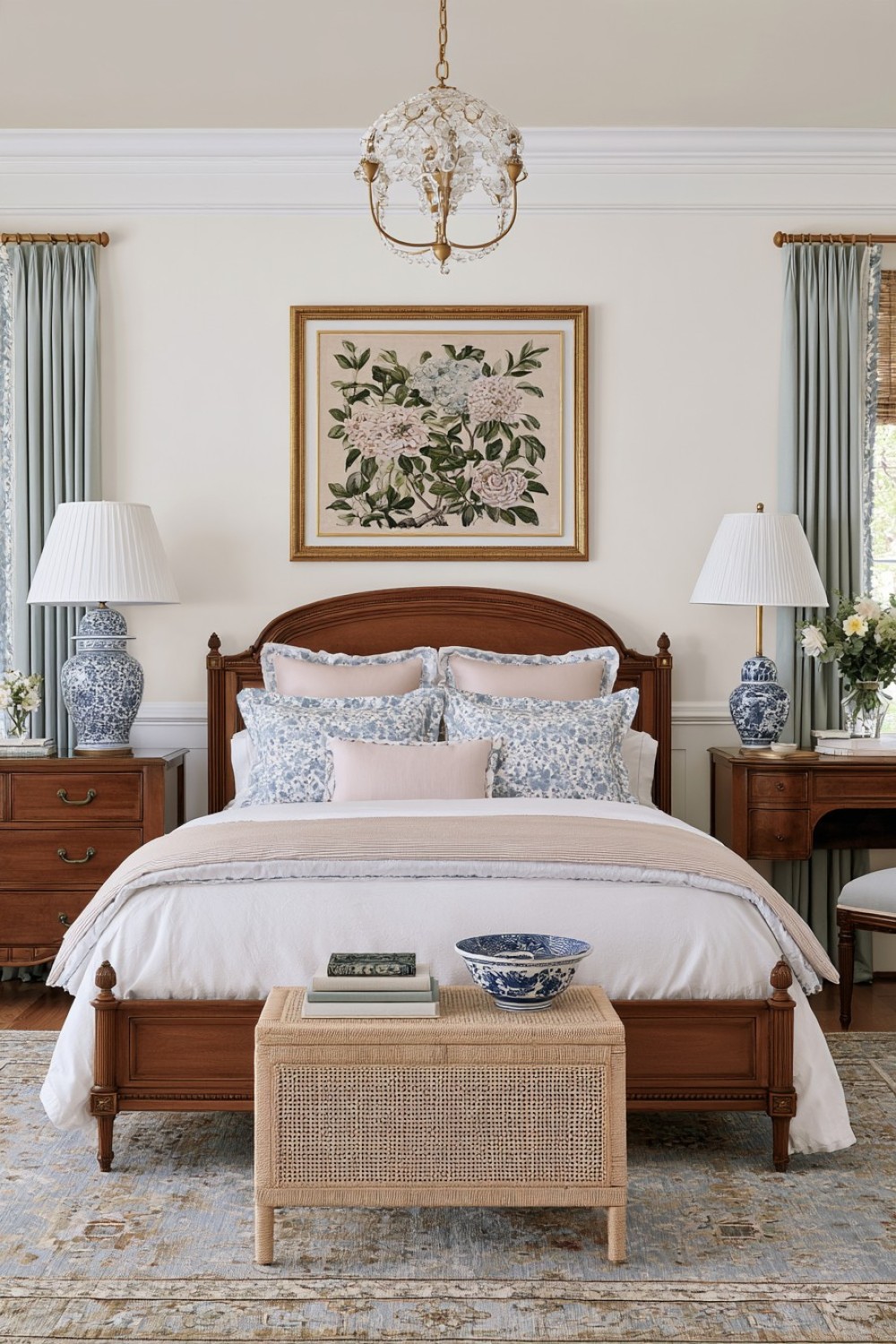 Blue and white porcelain used as a repeated Southern bedroom accent