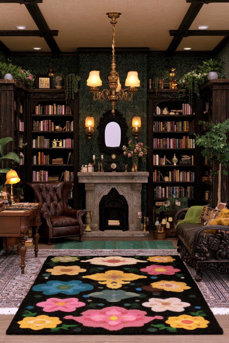 Dark bookcases beside a Gothic fireplace, leather seating, green walls, and a black rug with colorful flowers