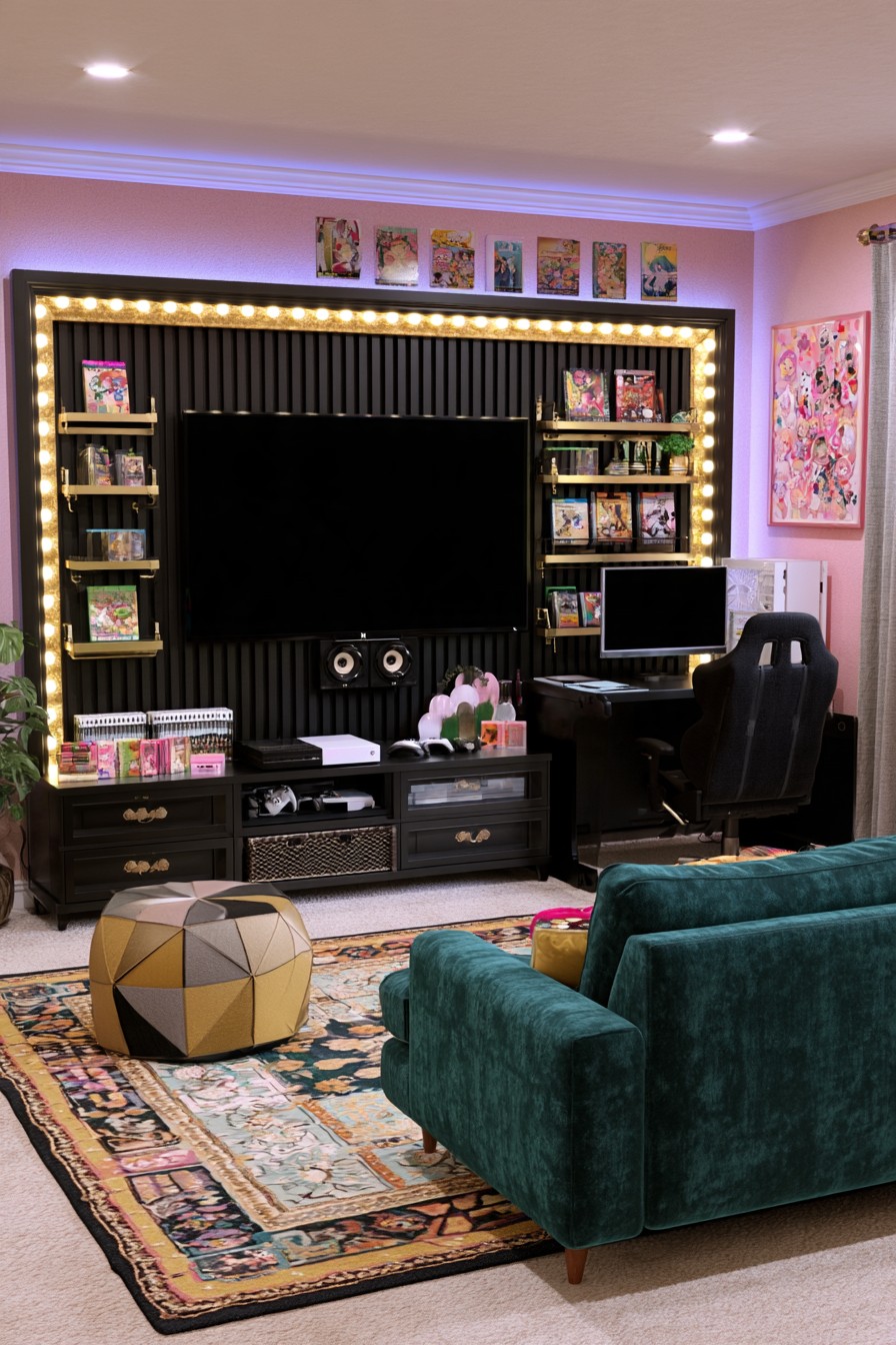 Black fluted television wall with warm bulb border and gold toned shelves, beside a PC desk and deep green sofa