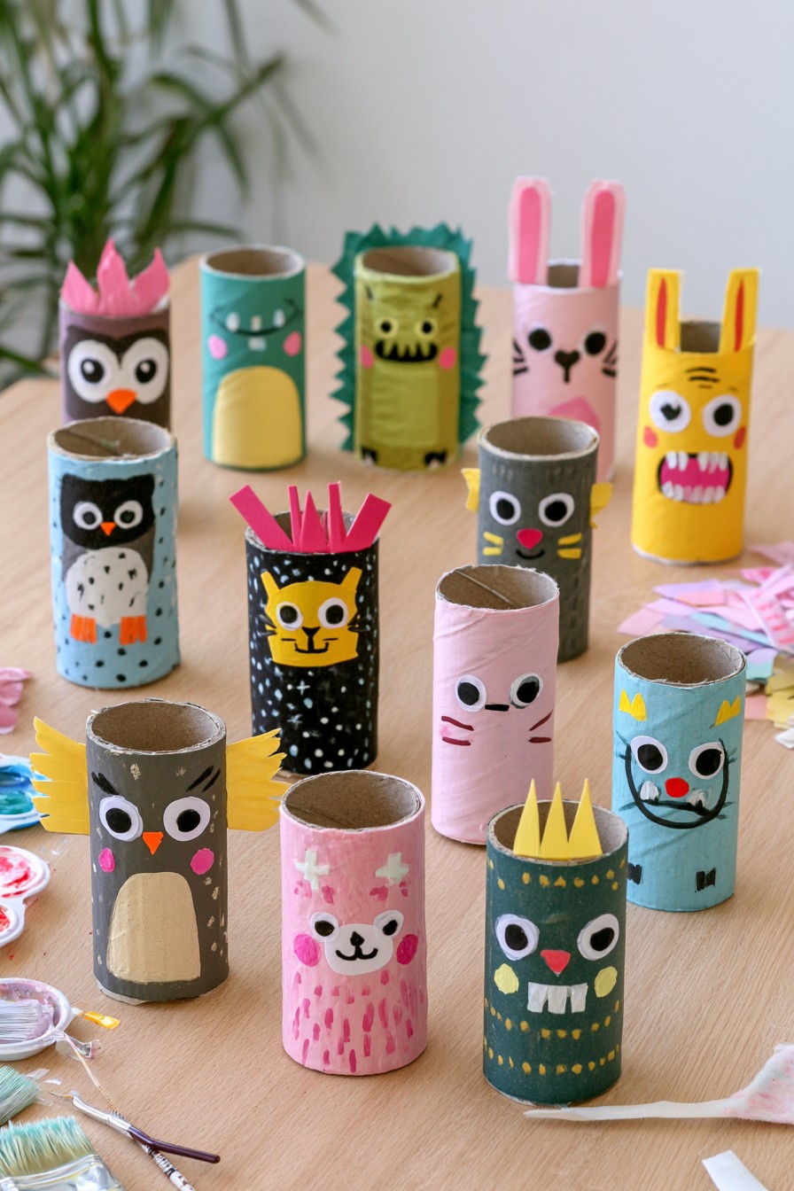 Recycled paper rolls transformed into colorful animal and fantasy characters