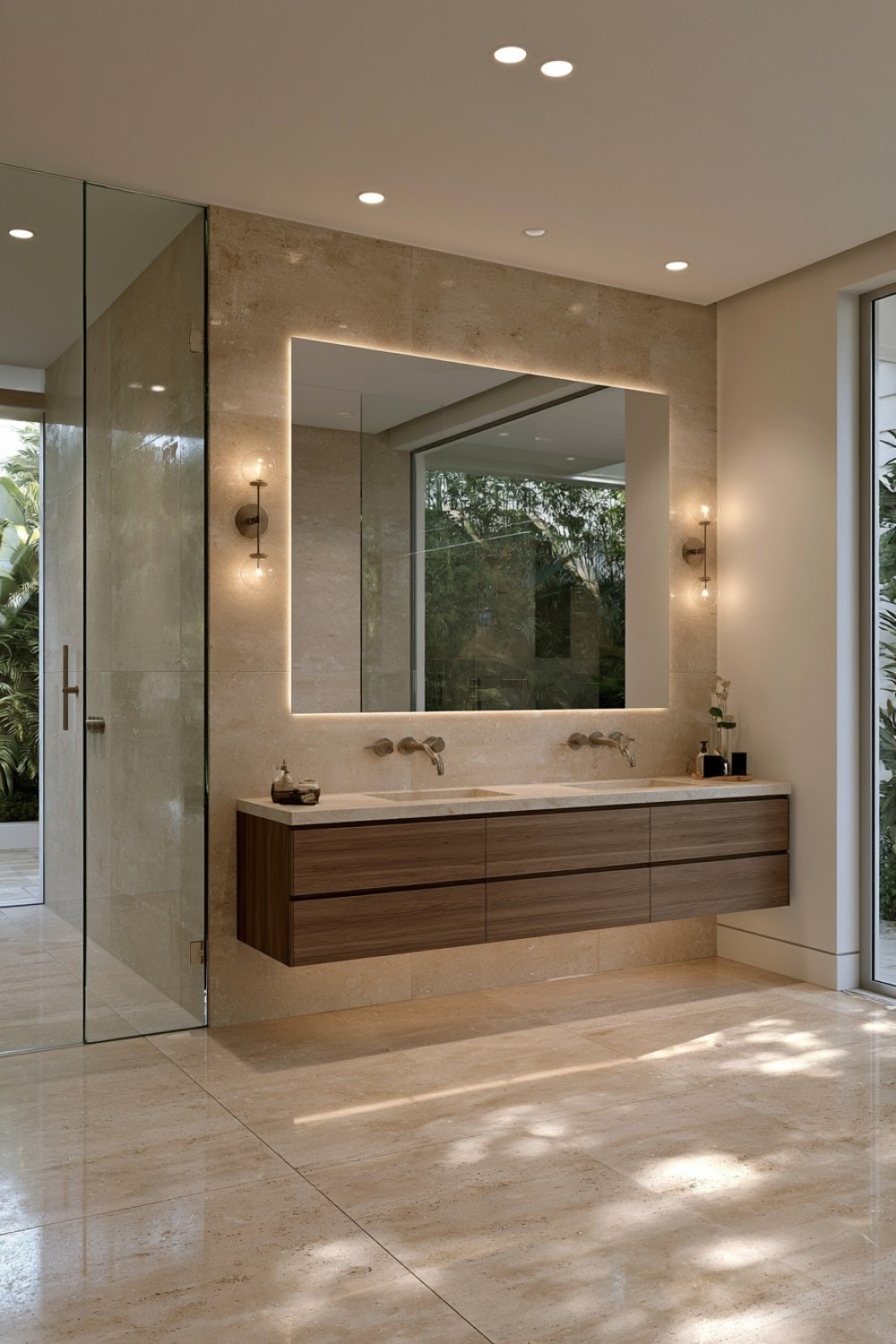 Travertine surfaces used in a clean contemporary bathroom