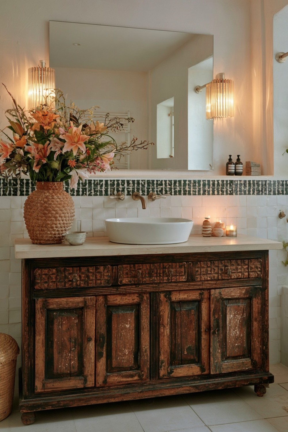 Antique wooden cabinet converted into a boho bathroom vanity