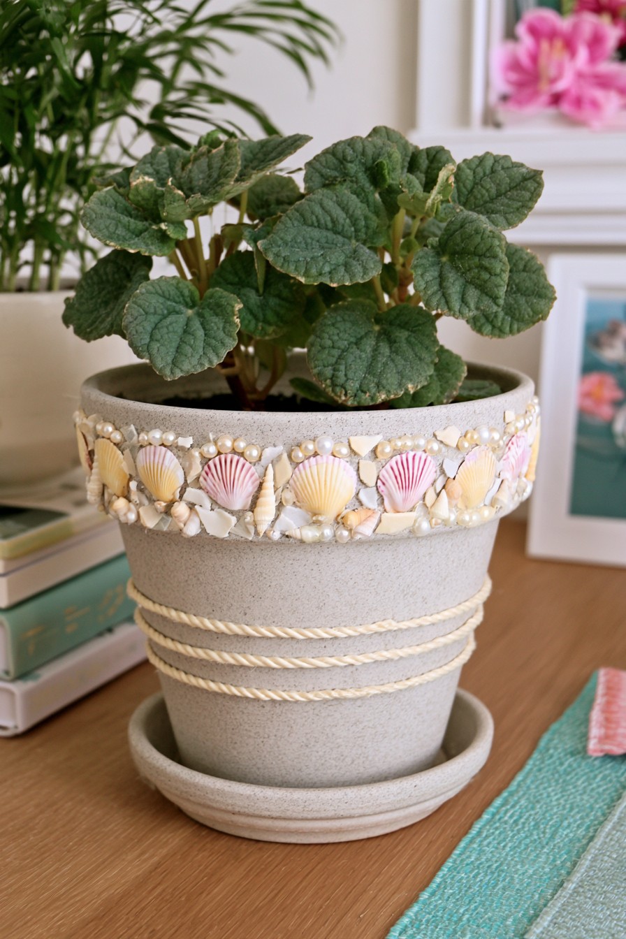 Coastal planter decorated with a seashell mosaic band and natural rope