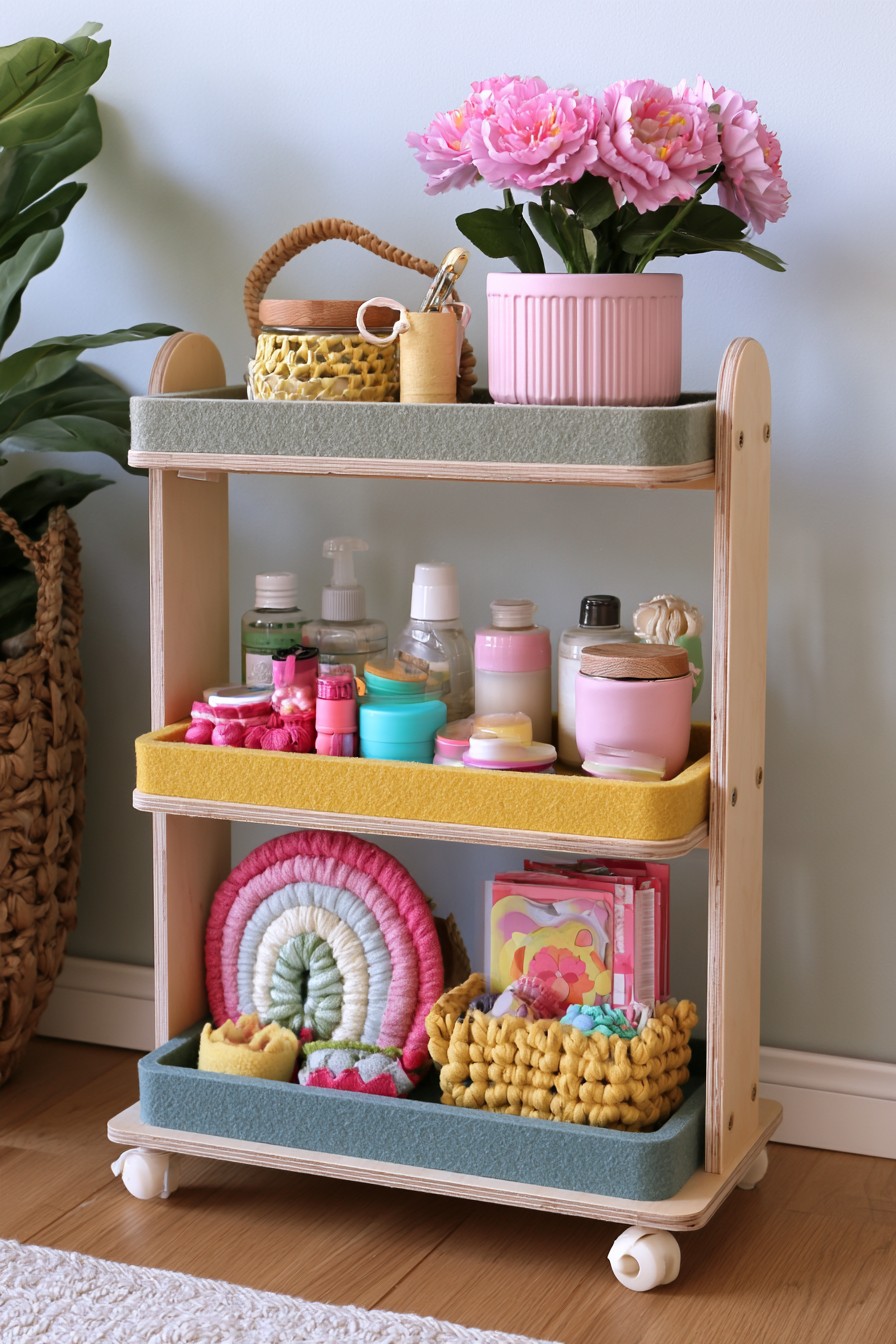 Rolling wooden storage cart with three open levels