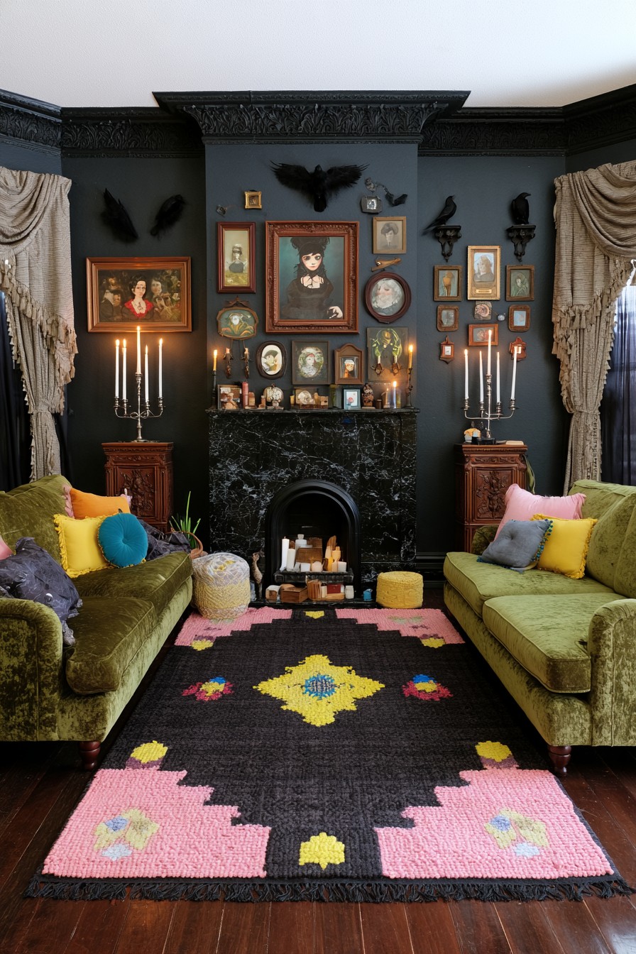 Charcoal parlor with raven wall figures, mixed portraits, facing olive sofas, and bright cushions