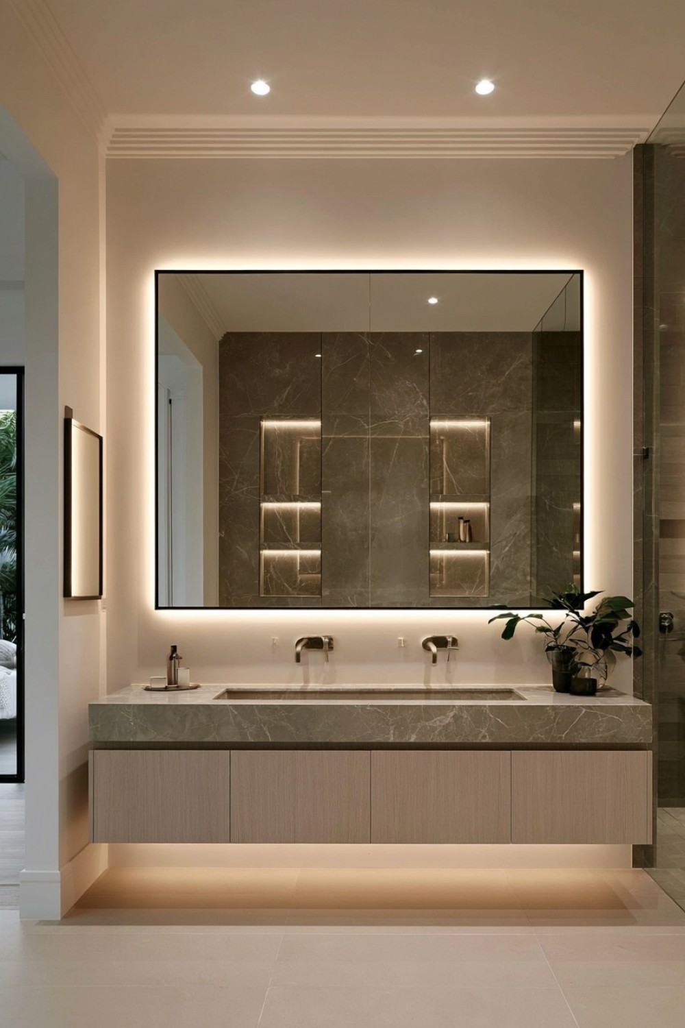 Contemporary bathroom featuring muted blue stone surfaces