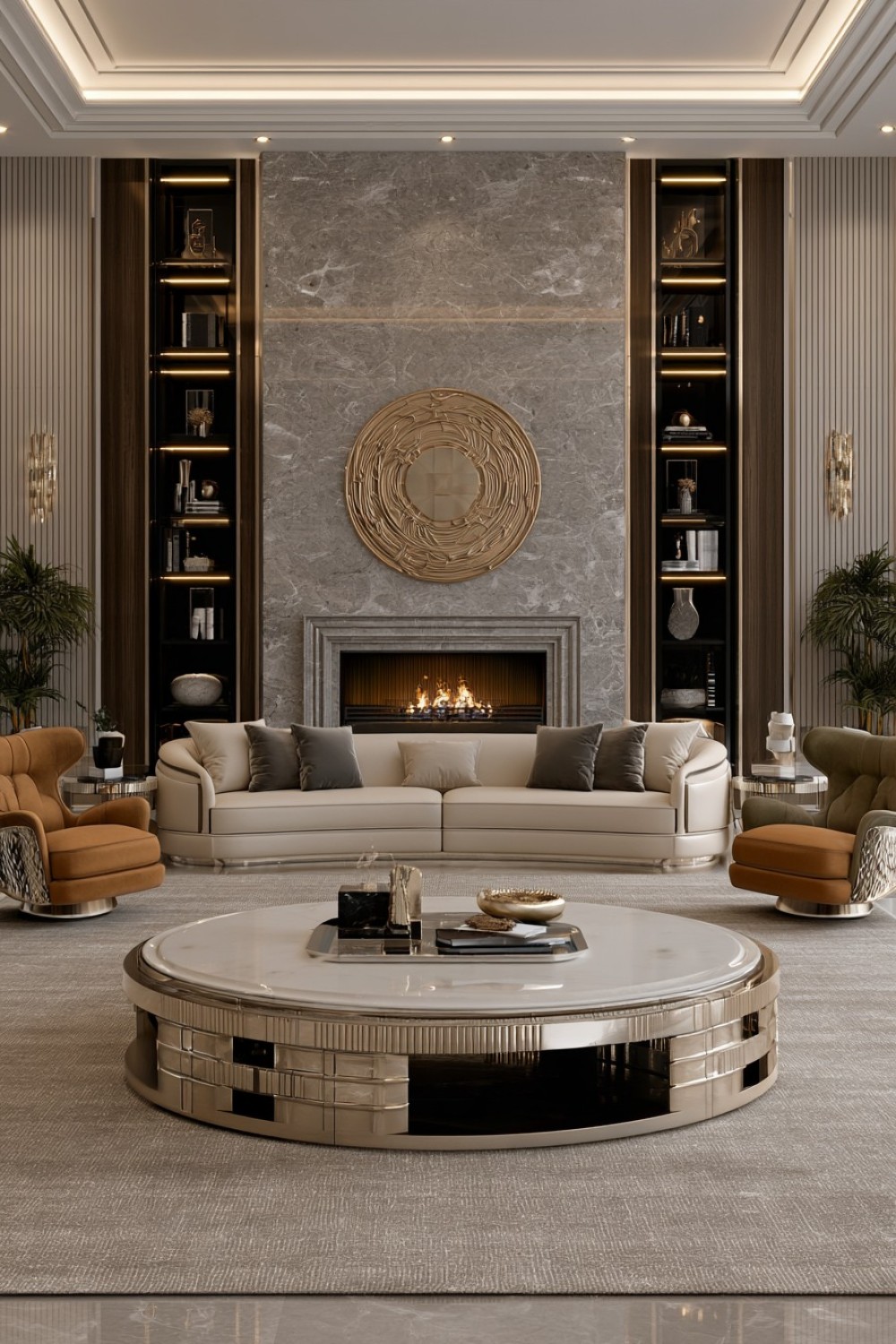 Gallery-like luxury living room arranged with statement seating