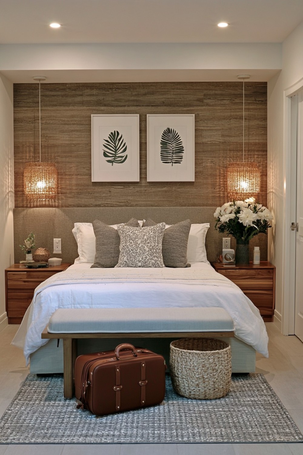 Built-in luggage bench with concealed basement guest room storage