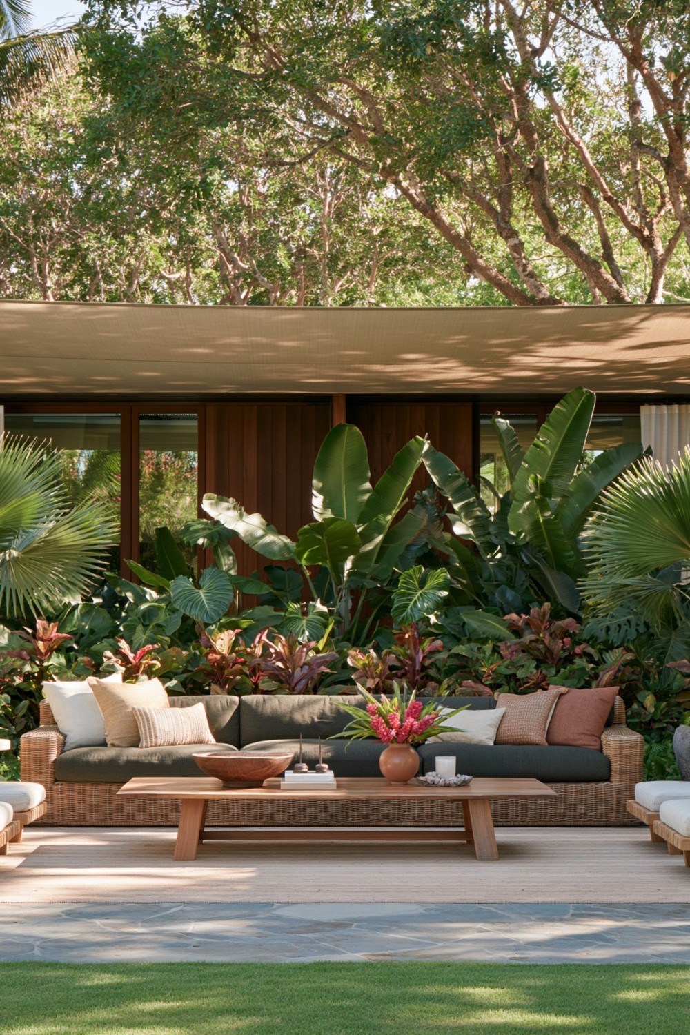 Comfortable tropical patio seating placed beneath a secure shade structure