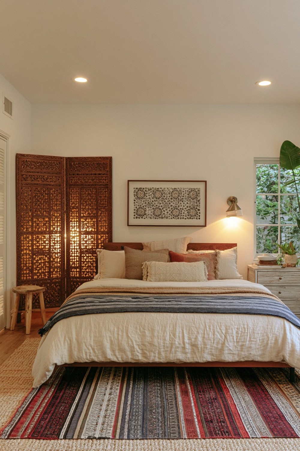 Carved wooden divider used within a bohemian bedroom