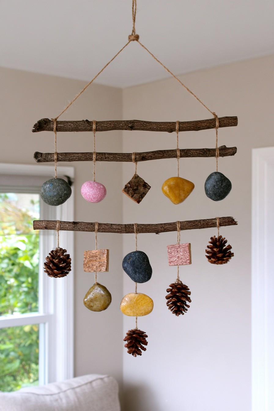 Layered hanging mobile made from branches, stones, bark, pinecones, and natural cord