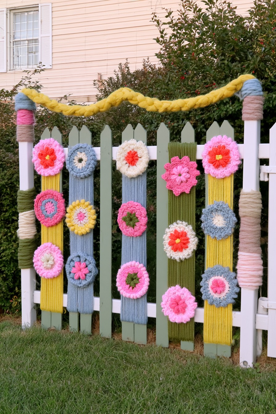 Garden fence decorated with colorful crochet flowers and yarn