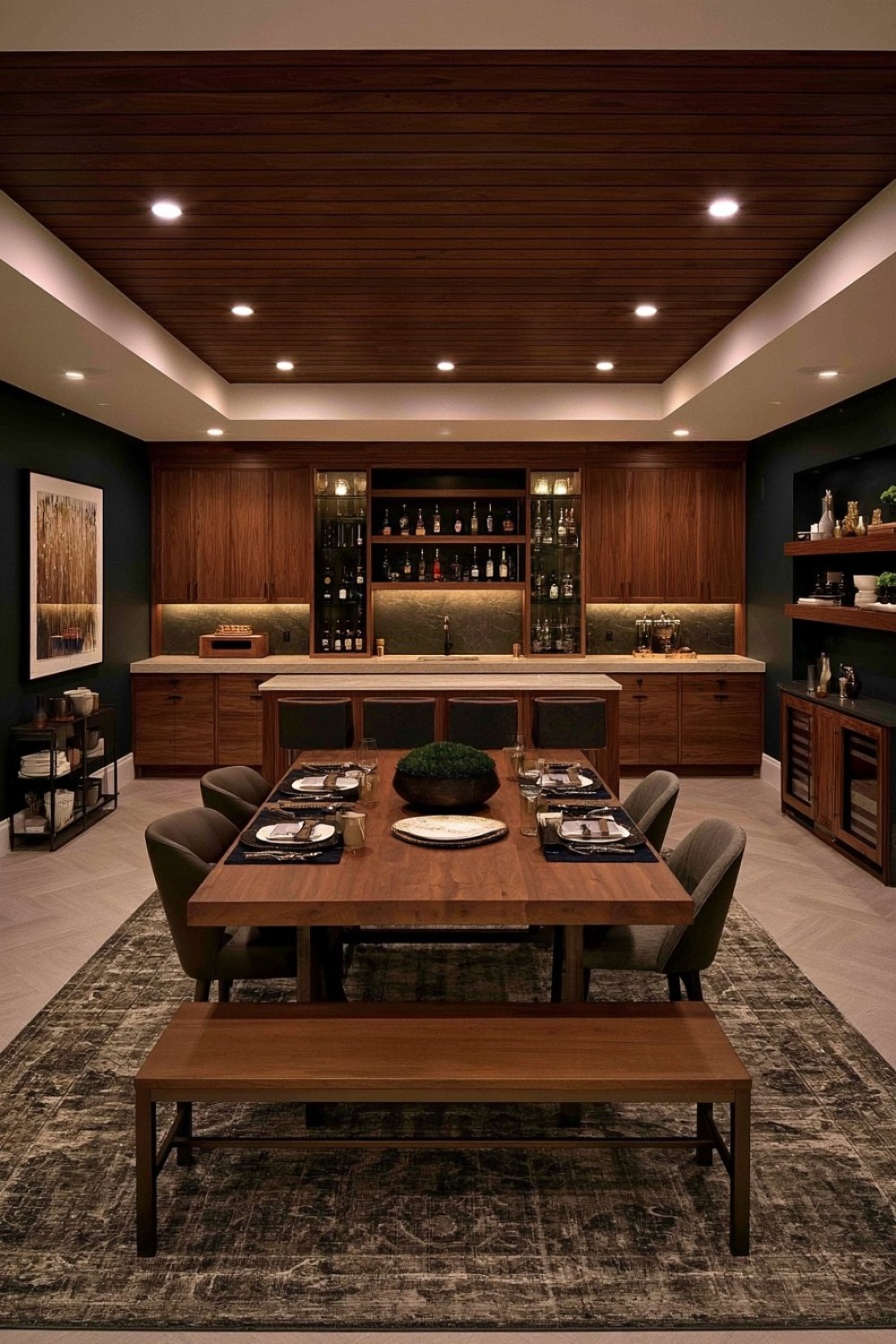 Café-style basement bar with a long communal table