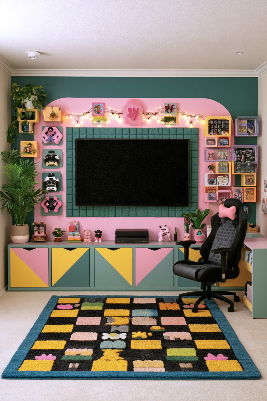 Pink and teal television surround above cabinets with yellow and pink triangular fronts and a black gaming chair