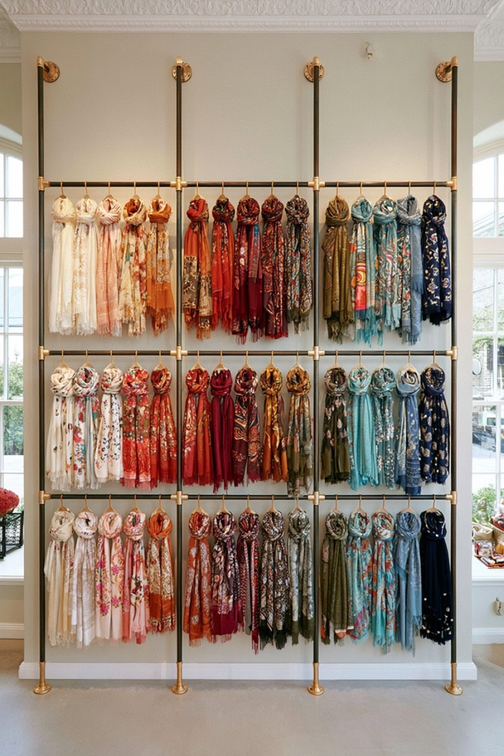 Boutique scarves organized in a gradual color display