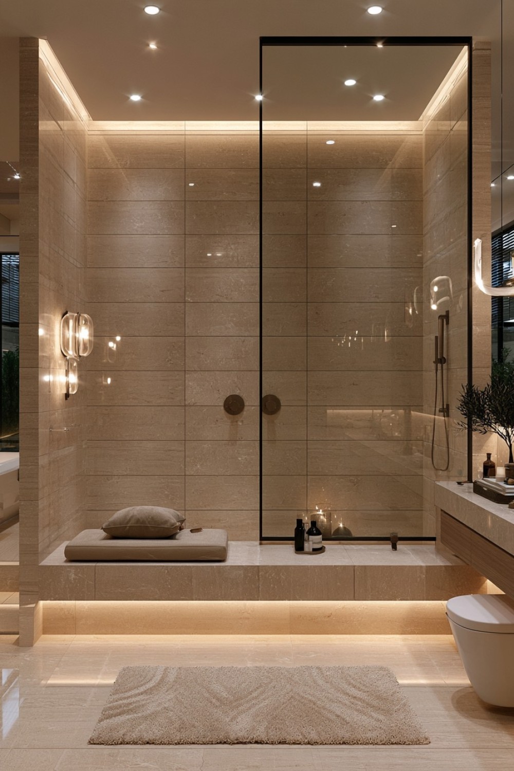 Built-in bench forming an architectural element in a contemporary bathroom