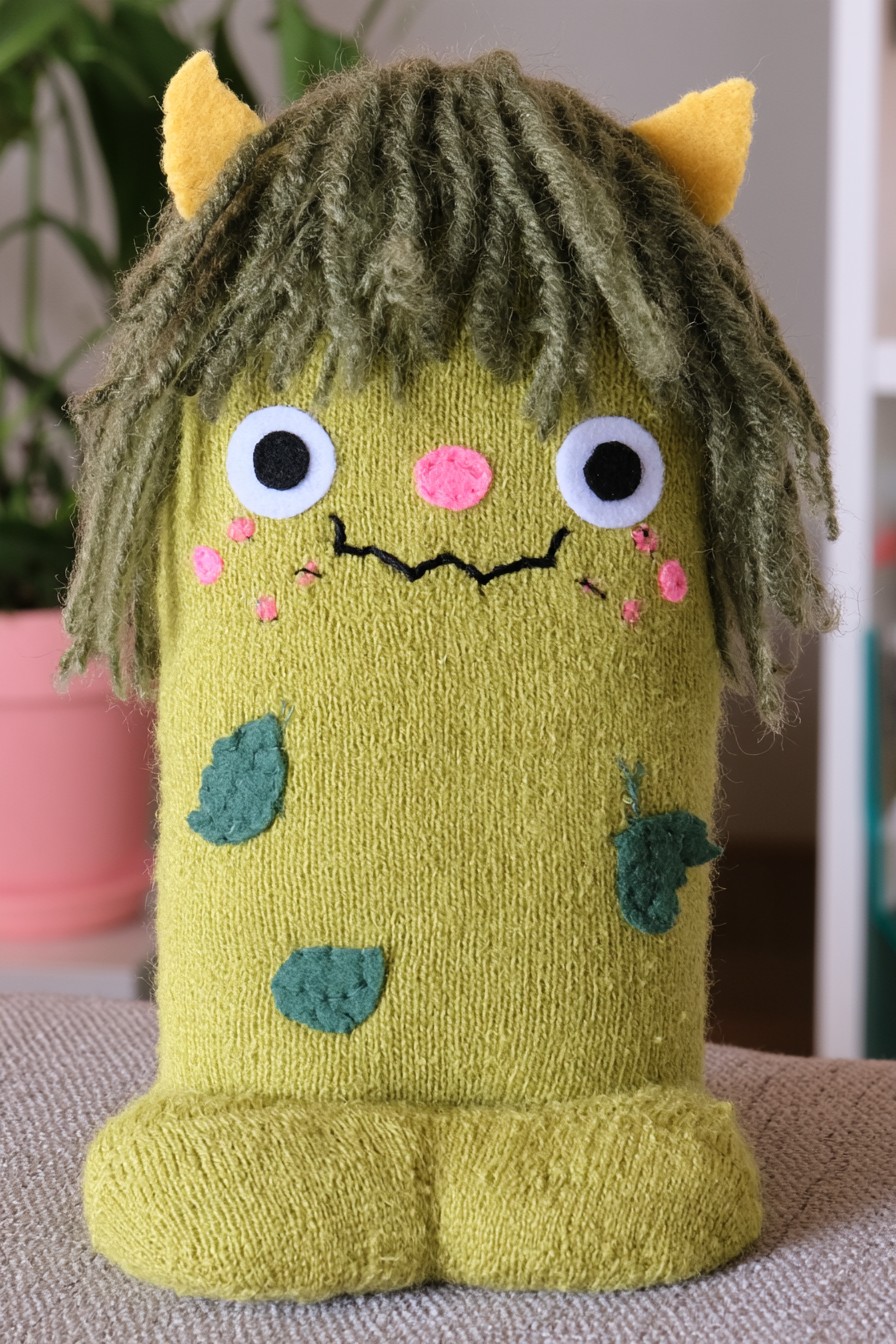 Olive forest troll character with shaggy yarn hair, yellow horns, a pink nose and green patches