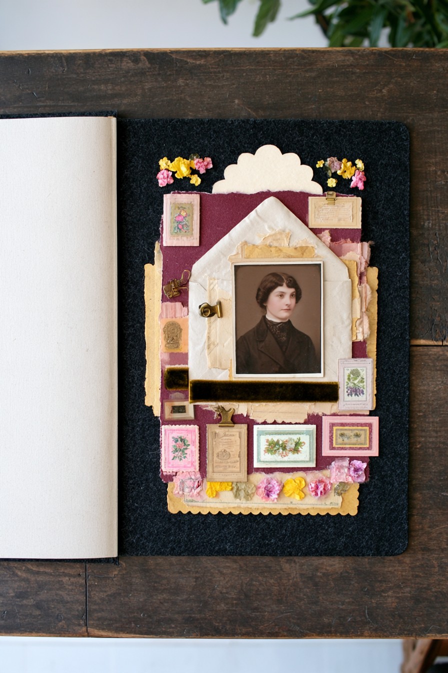 Layered vintage portrait with envelope and ephemera details