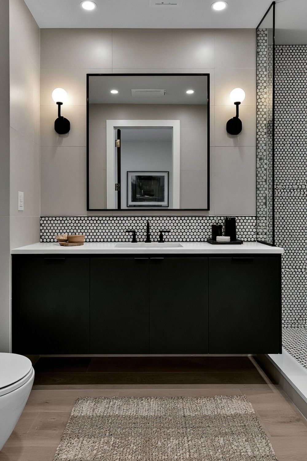 Black and white penny tiles adding texture to a bathroom