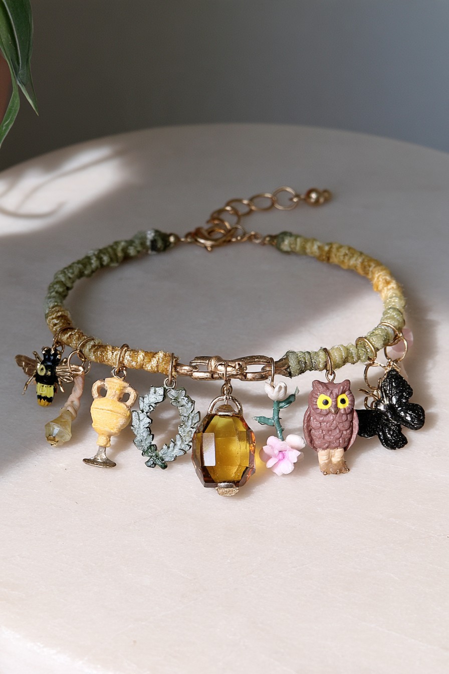 Botanical charm bracelet with textured base, bee, owl, butterfly and amber colored centerpiece