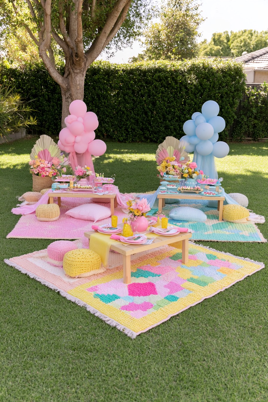 Colorful garden gender reveal picnic with low tables balloons rugs and cushions