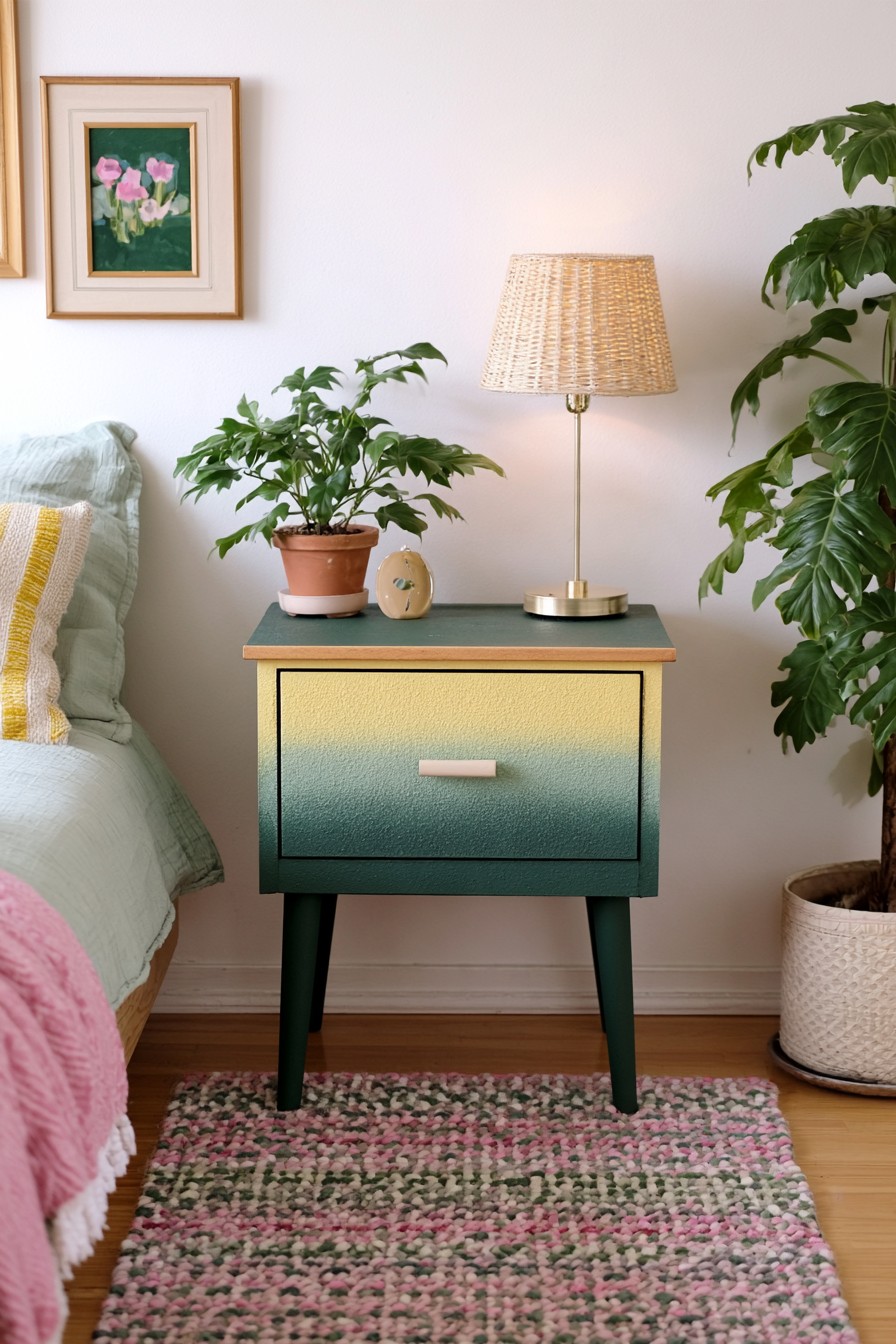 Ombre painted nightstand fading from pale yellow to deep green