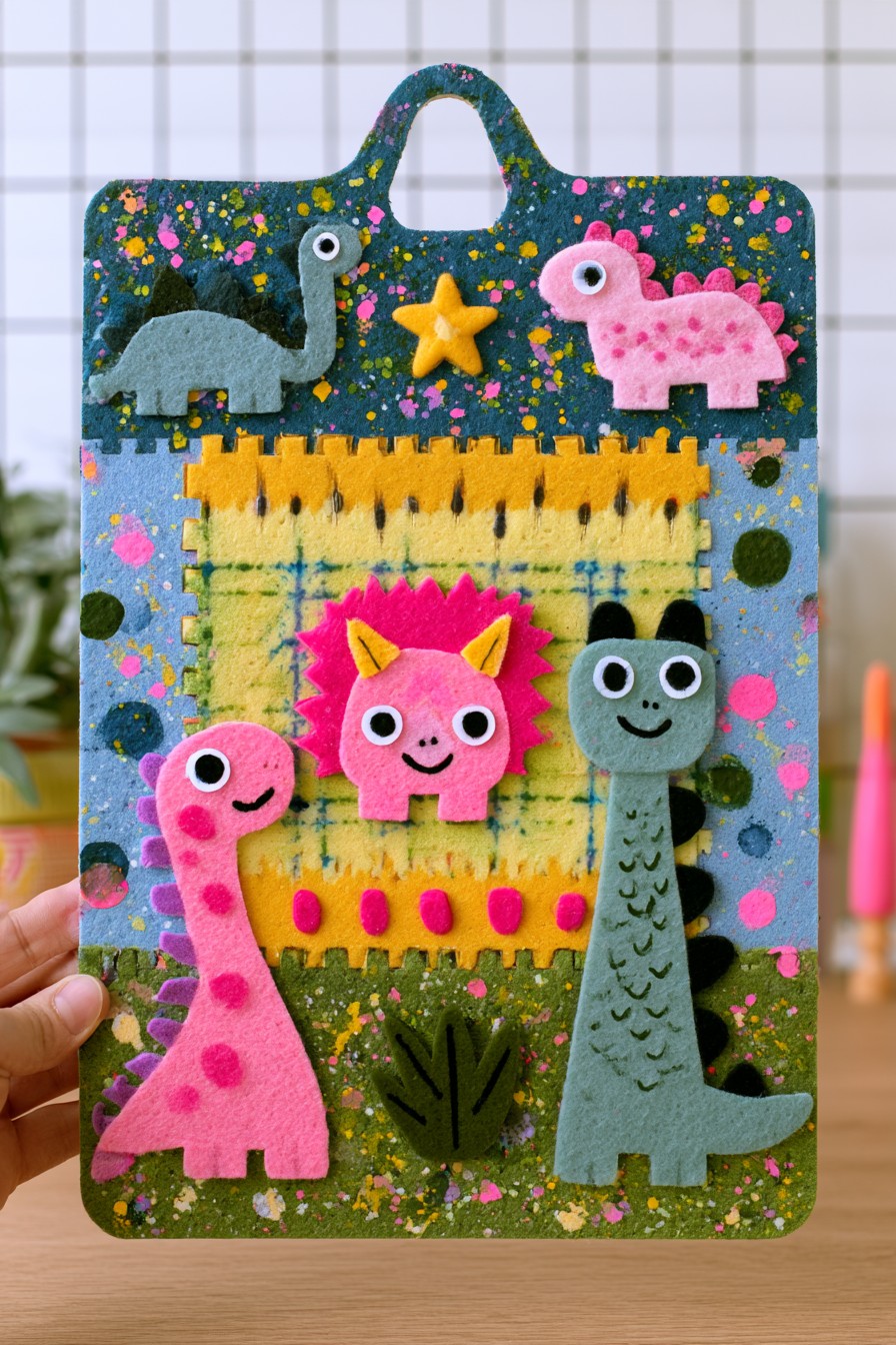 Cardboard dinosaur art board layered with colorful recycled craft scraps