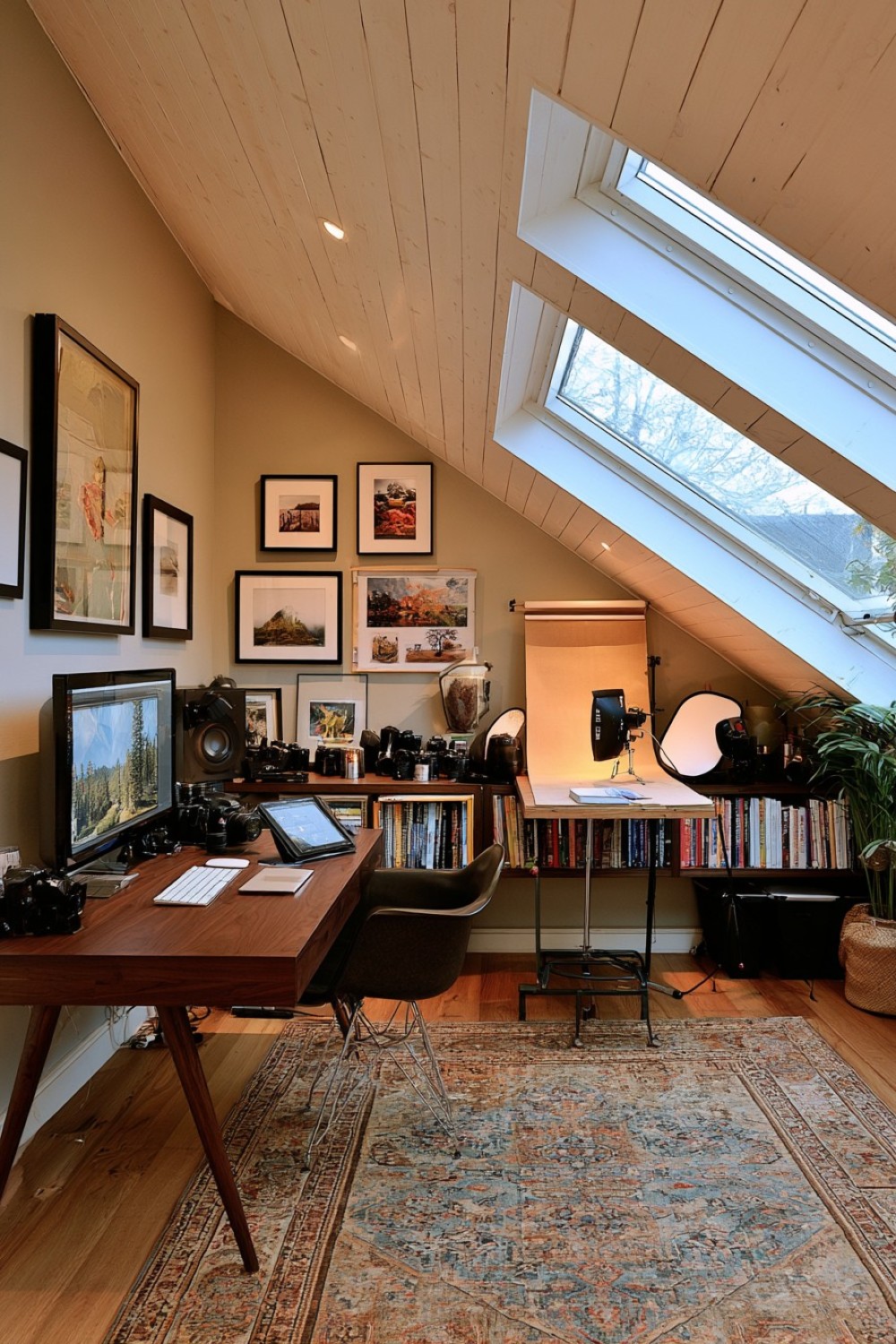 Attic photography studio with editing desk and compact shooting zone
