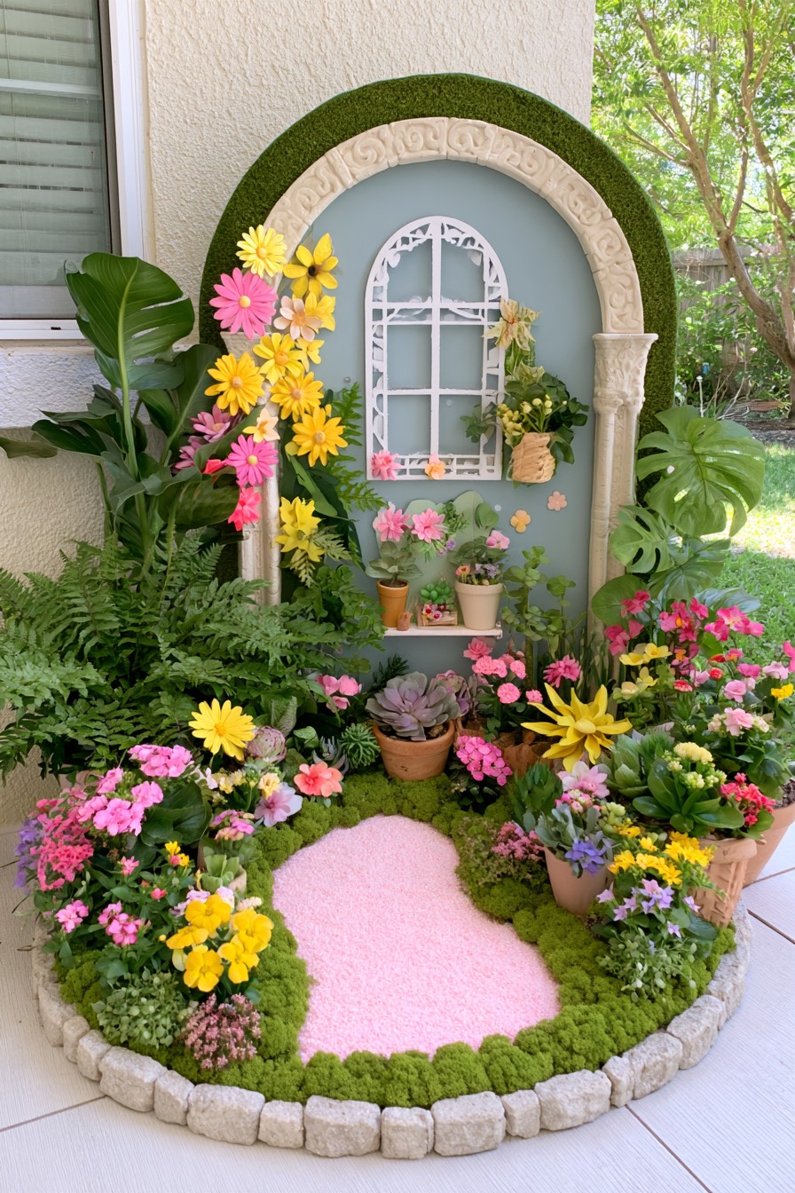 Decorative arched wall backdrop with a faux window, pot shelf, and flowering border
