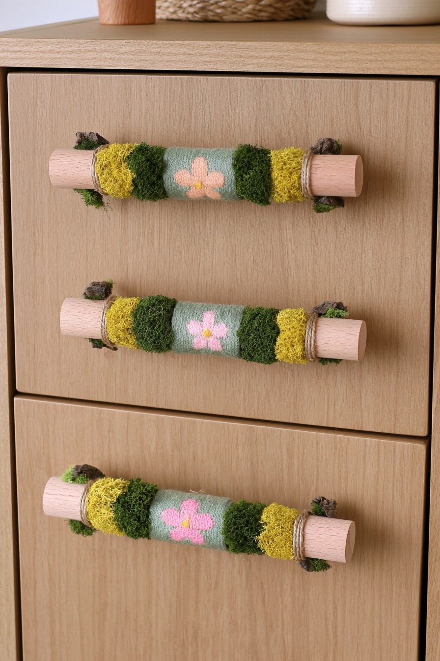 Wooden drawer pulls decorated with moss textile and twine accents
