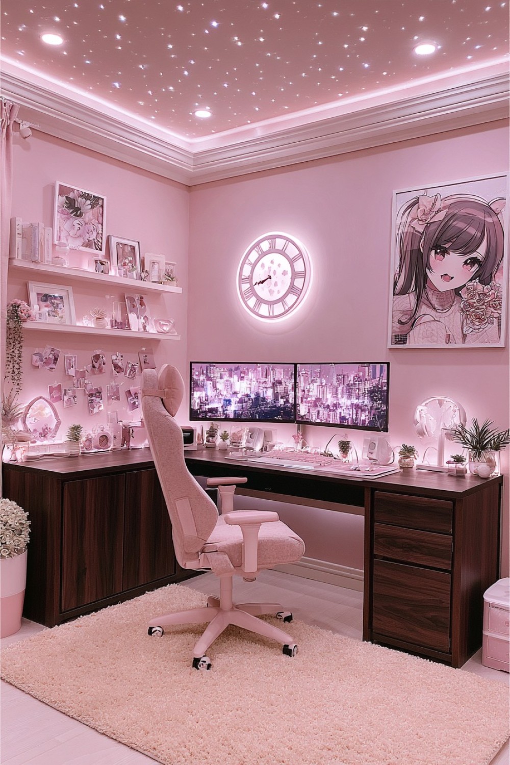 14. Plum Pink Gaming Room With Dark Wood Furniture