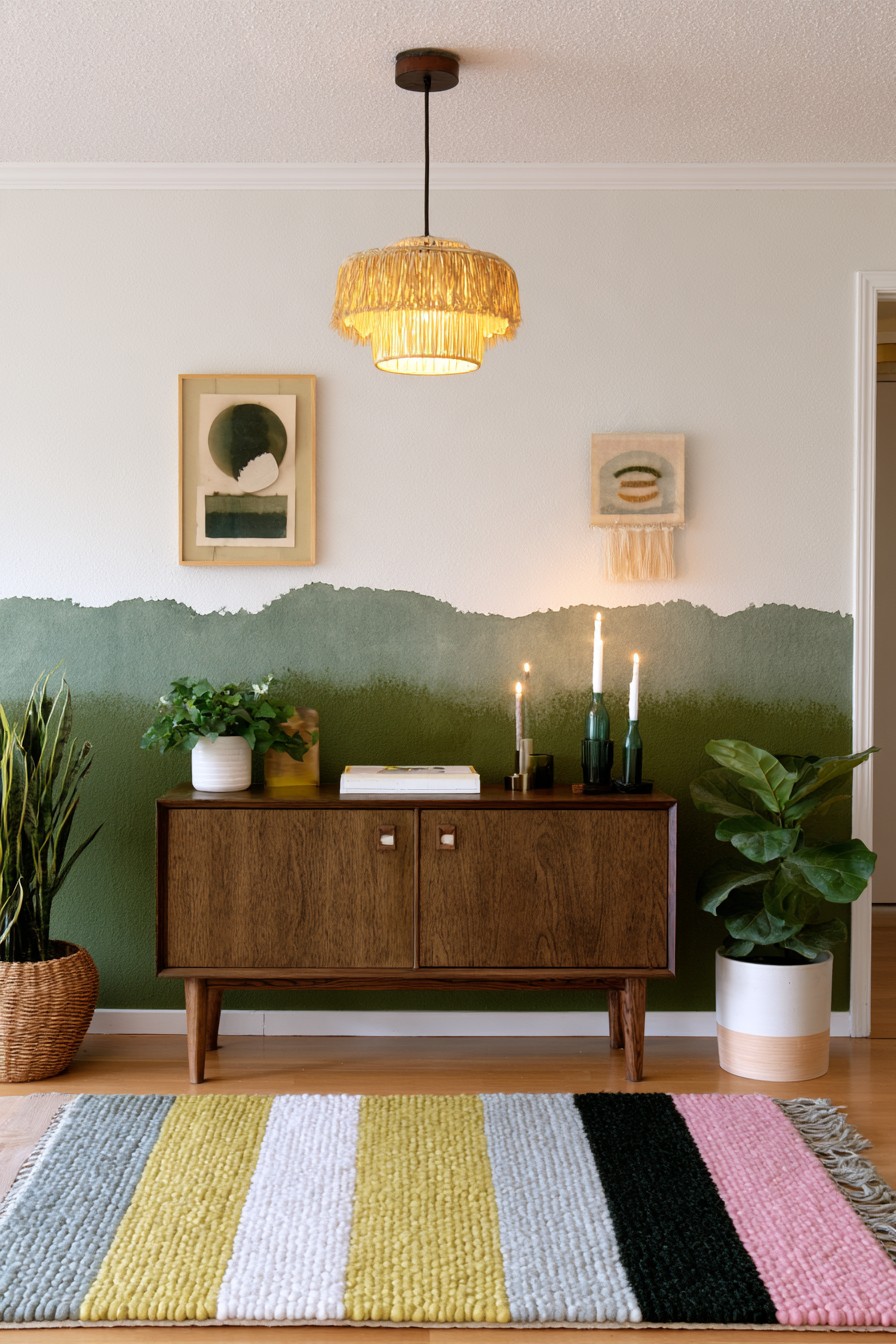 Olive and sage green two tone wall with irregular painted edge