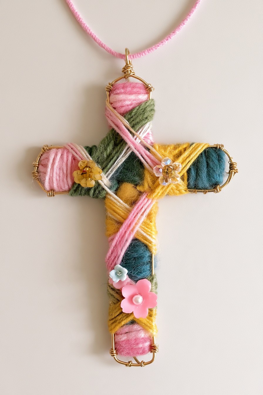 Color-blocked yarn cross with floral embellishments