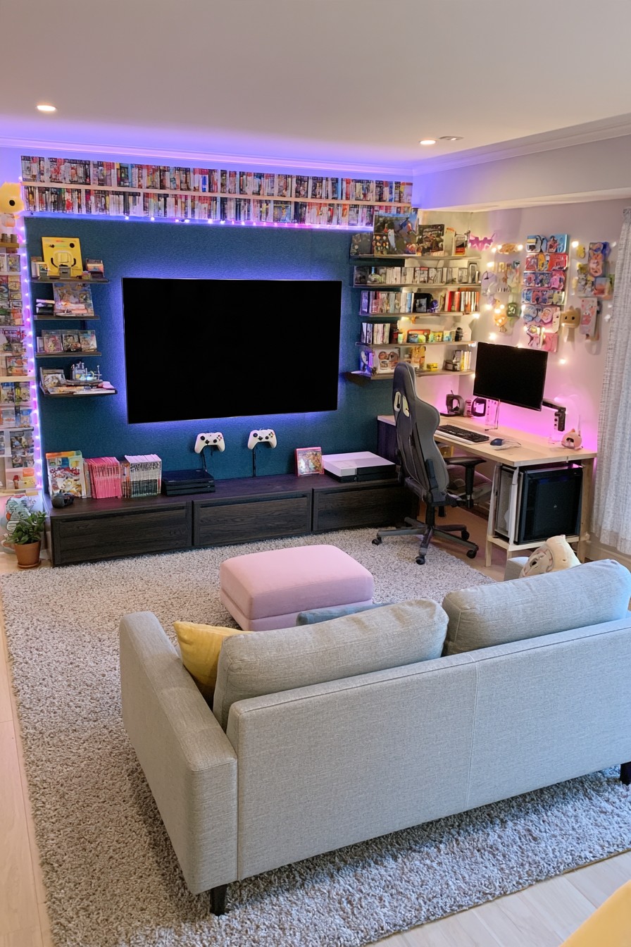 Midnight blue television panel with a long overhead game shelf, a side PC desk, pale sofa, and pink ottoman