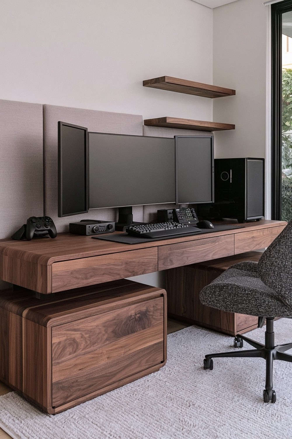Warm wood gaming room with modern computer equipment