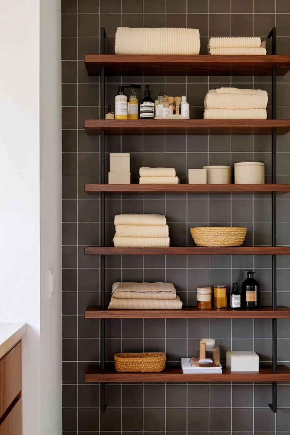 Narrow vertical bathroom storage fitted into an unused wall space