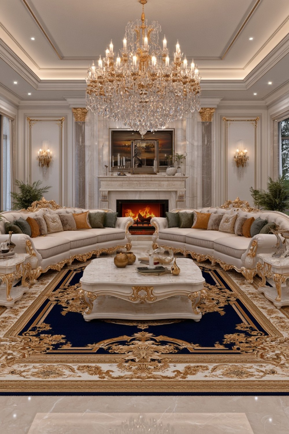 Two luxury sofas arranged in a symmetrical conversation layout