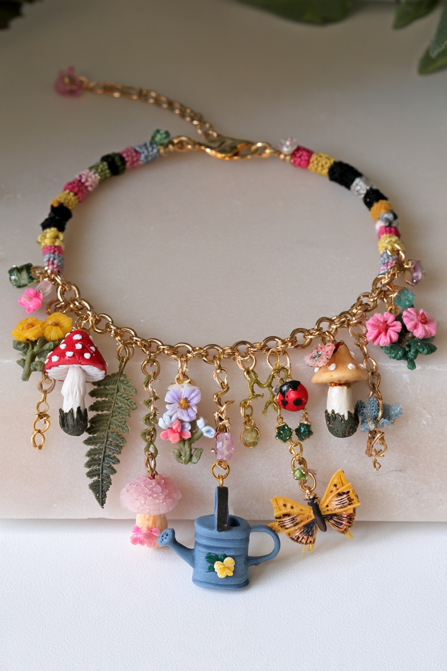 Garden charm bracelet with flowers mushrooms butterflies ladybugs and watering can