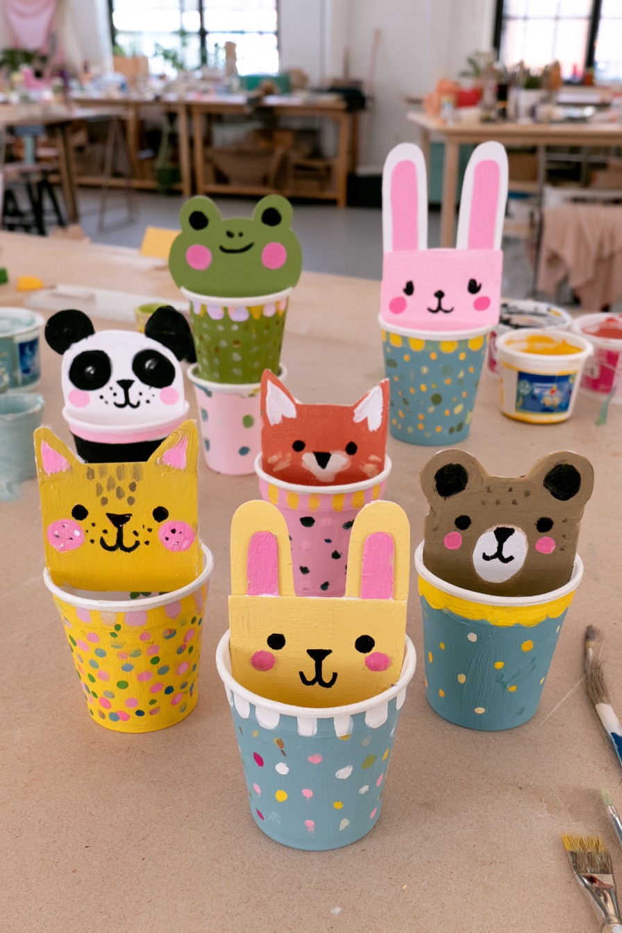 Clean yogurt cups decorated as small animal themed classroom containers