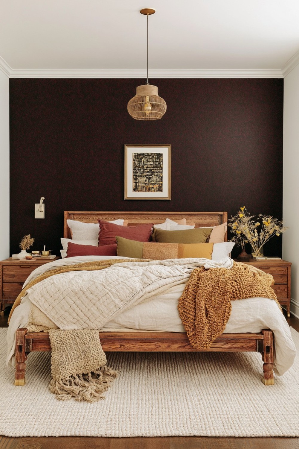 Low bohemian bed styled with layered earth-toned bedding
