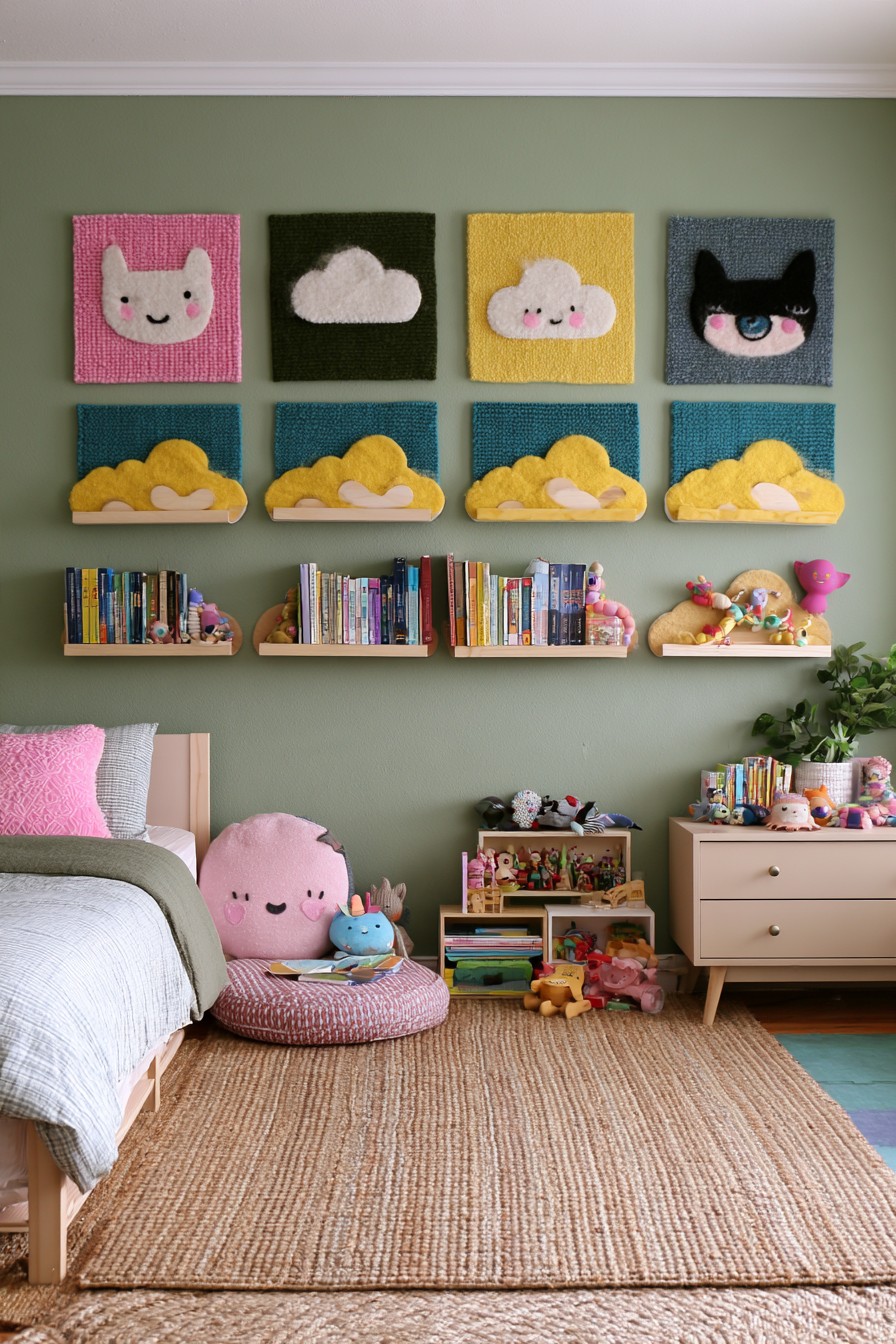Green wall with cloud shaped decorations above straight timber shelves holding books and toys