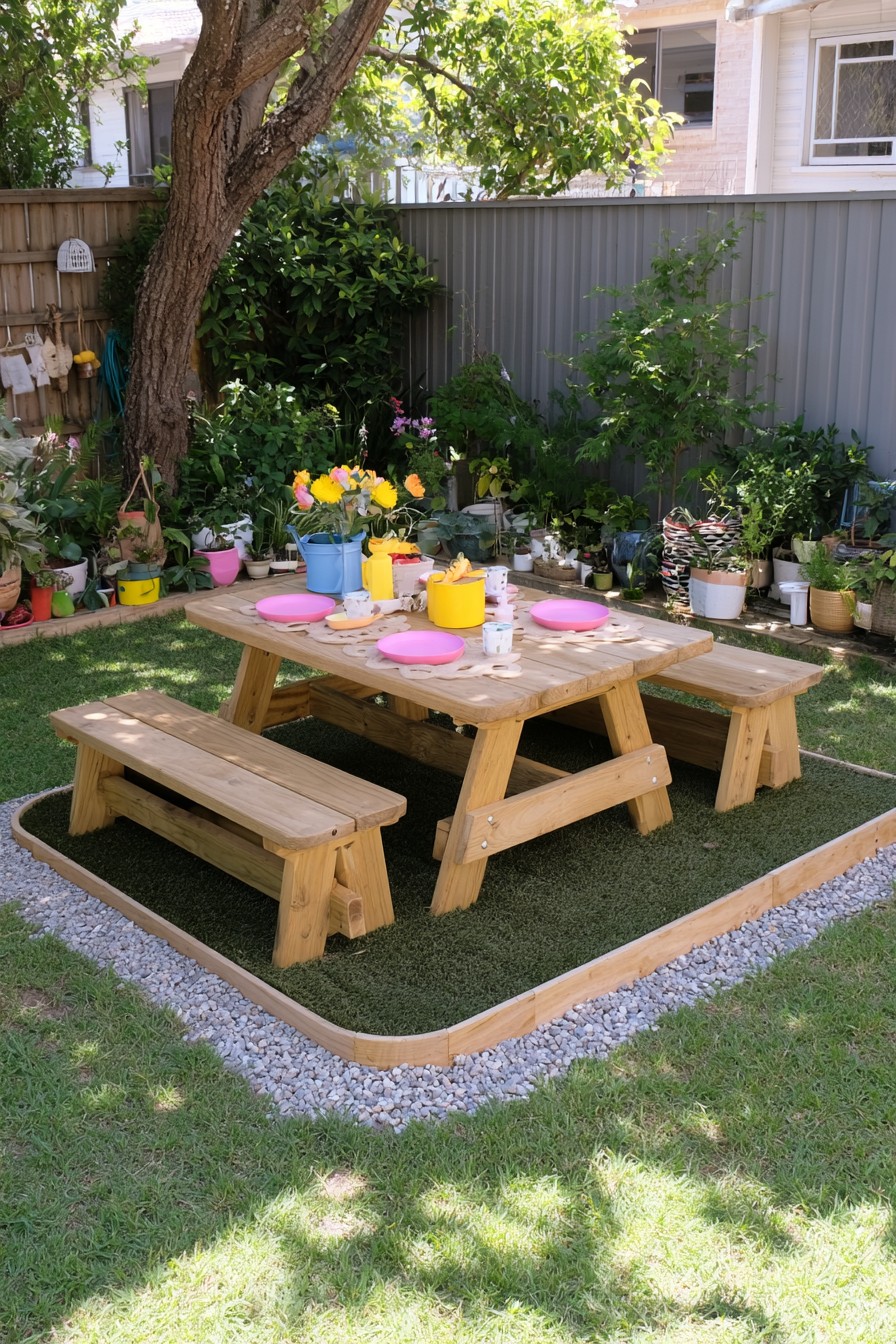Wooden picnic table and separate benches on a green area outlined by timber edging