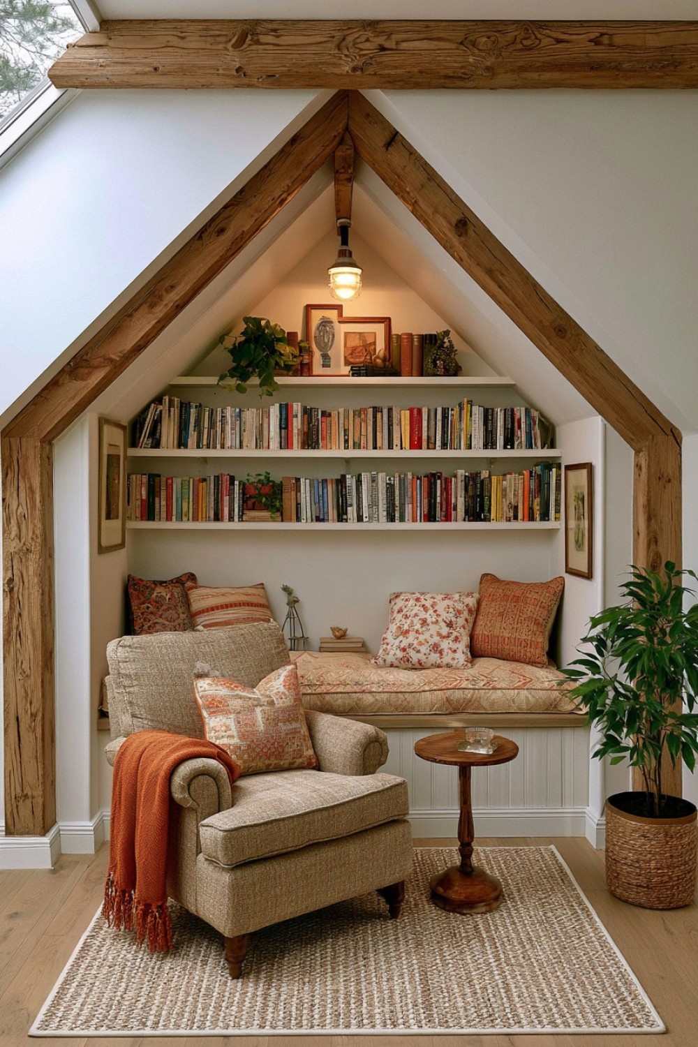 Attic reading alcove arranged between exposed roof beams