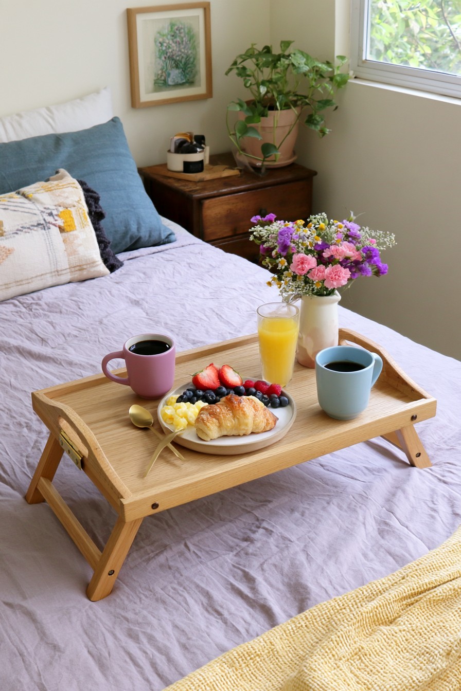 Folding wooden breakfast tray with raised edges