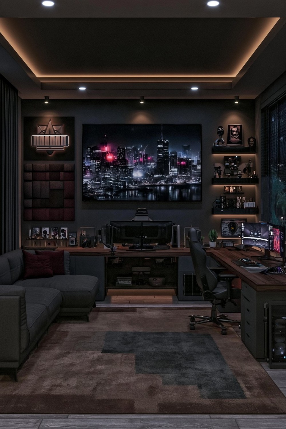 14. Burgundy Lounge Accent In A Dark Gaming Room