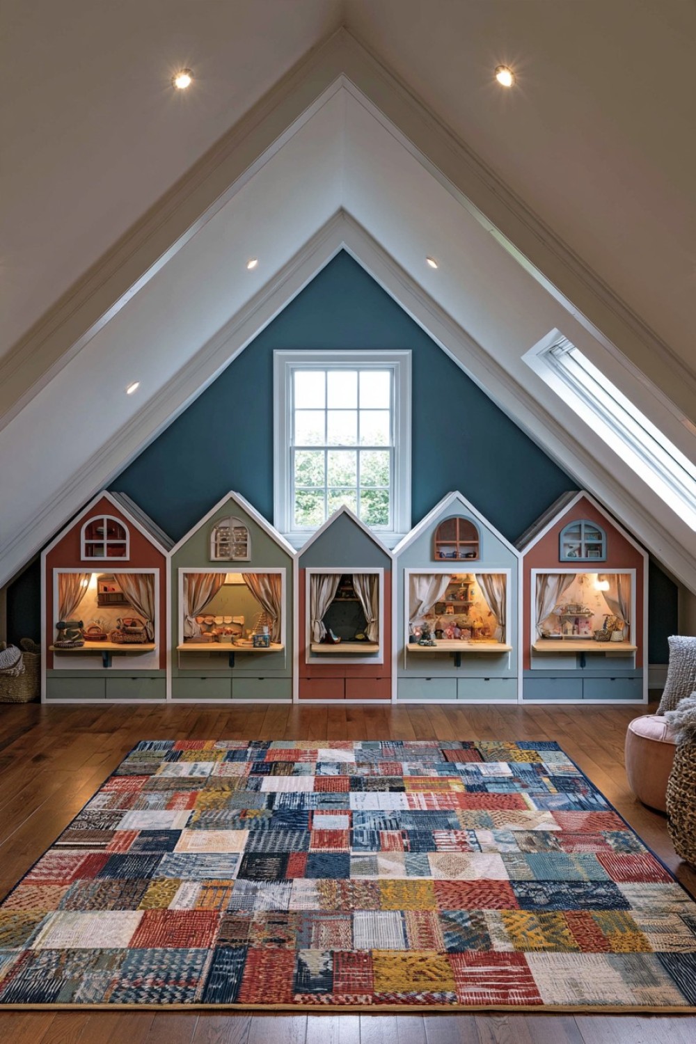 Tiny indoor play village arranged beneath a sloped attic roof