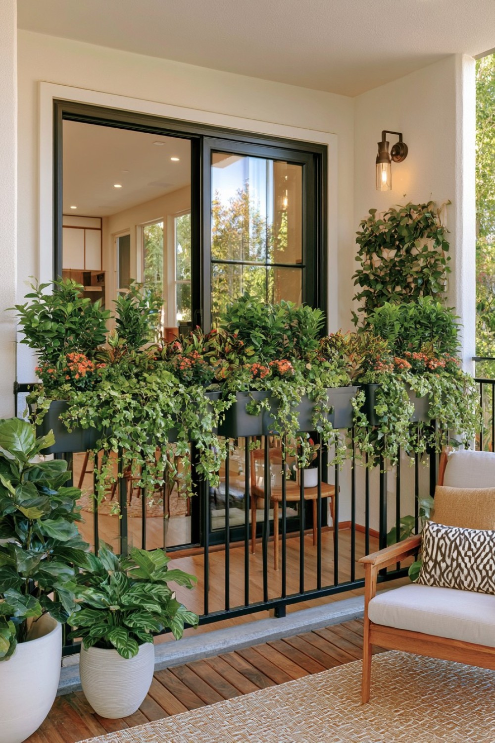 Secure cascading planters arranged along a balcony railing