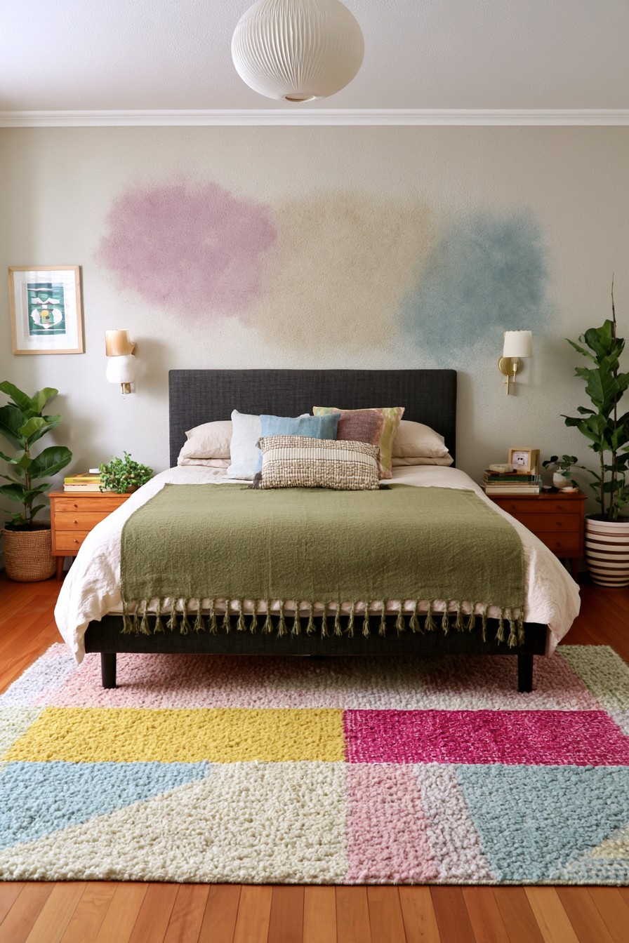 Dusty pink beige and muted blue pastel cloud wall above a bed