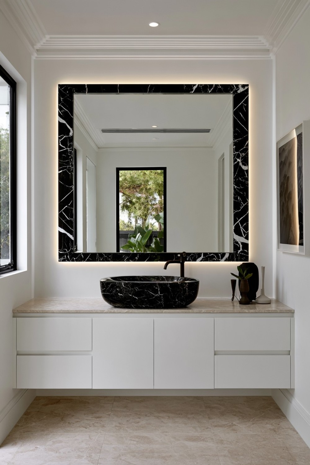 Minimal white bathroom featuring a single black stone sink
